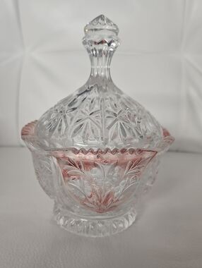 Vintage Anna Hutte Bleikristall Clear and Pink Glass Covered Candy Dish
